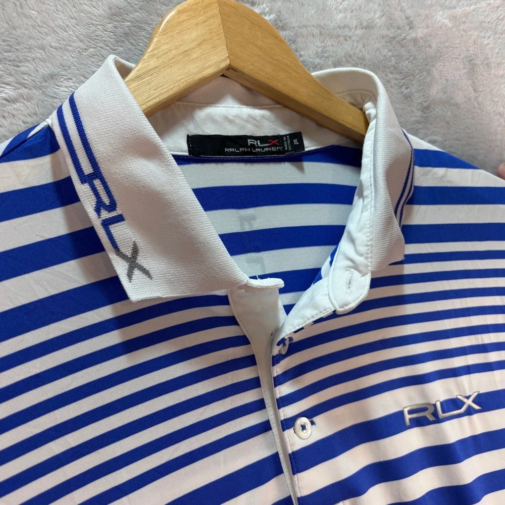 RLX Ralph Lauren Men's Golf Polo Blue White‎ Striped Pete Dye Club Sz XL Preppy